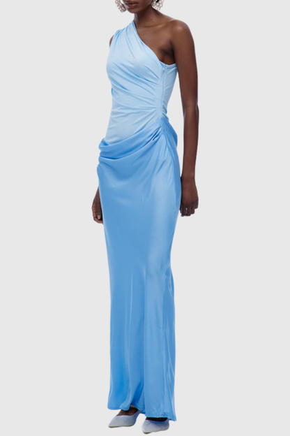 Bertala One Shoulder Satin Ruched Maxi Dress - Blue