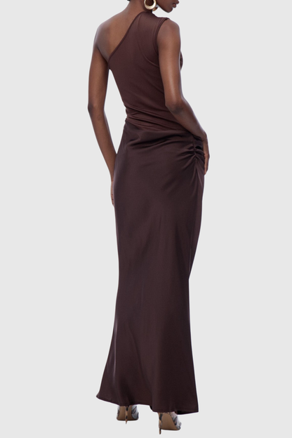 Bertala One Shoulder Satin Ruched Maxi Dress - Brown
