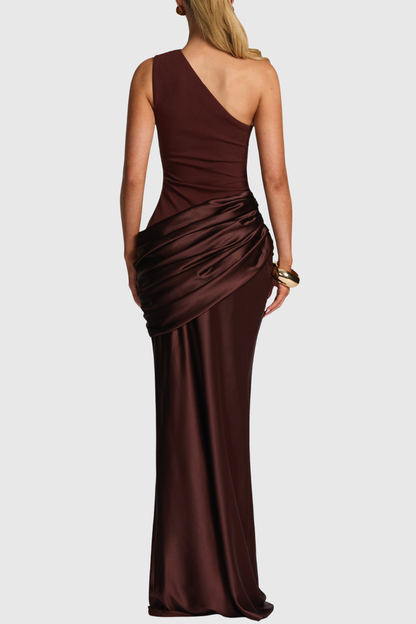 Bertala One Shoulder Satin Ruched Maxi Dress - Brown