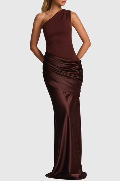 Bertala One Shoulder Satin Ruched Maxi Dress - Brown