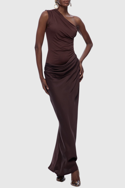 Bertala One Shoulder Satin Ruched Maxi Dress - Brown
