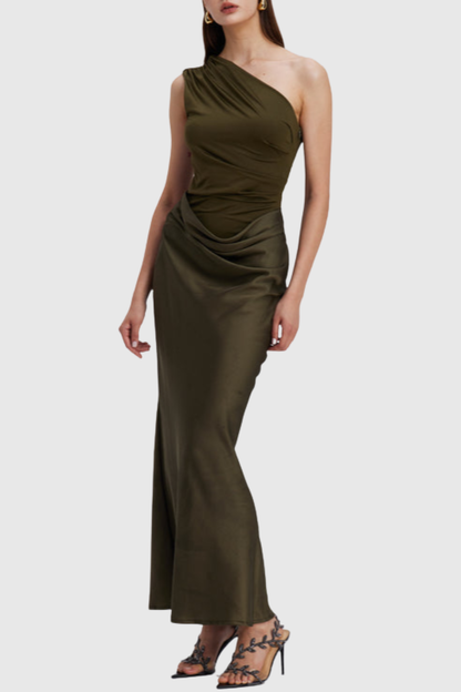 Bertala One Shoulder Satin Ruched Maxi Dress - Green
