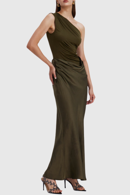 Bertala One Shoulder Satin Ruched Maxi Dress - Green
