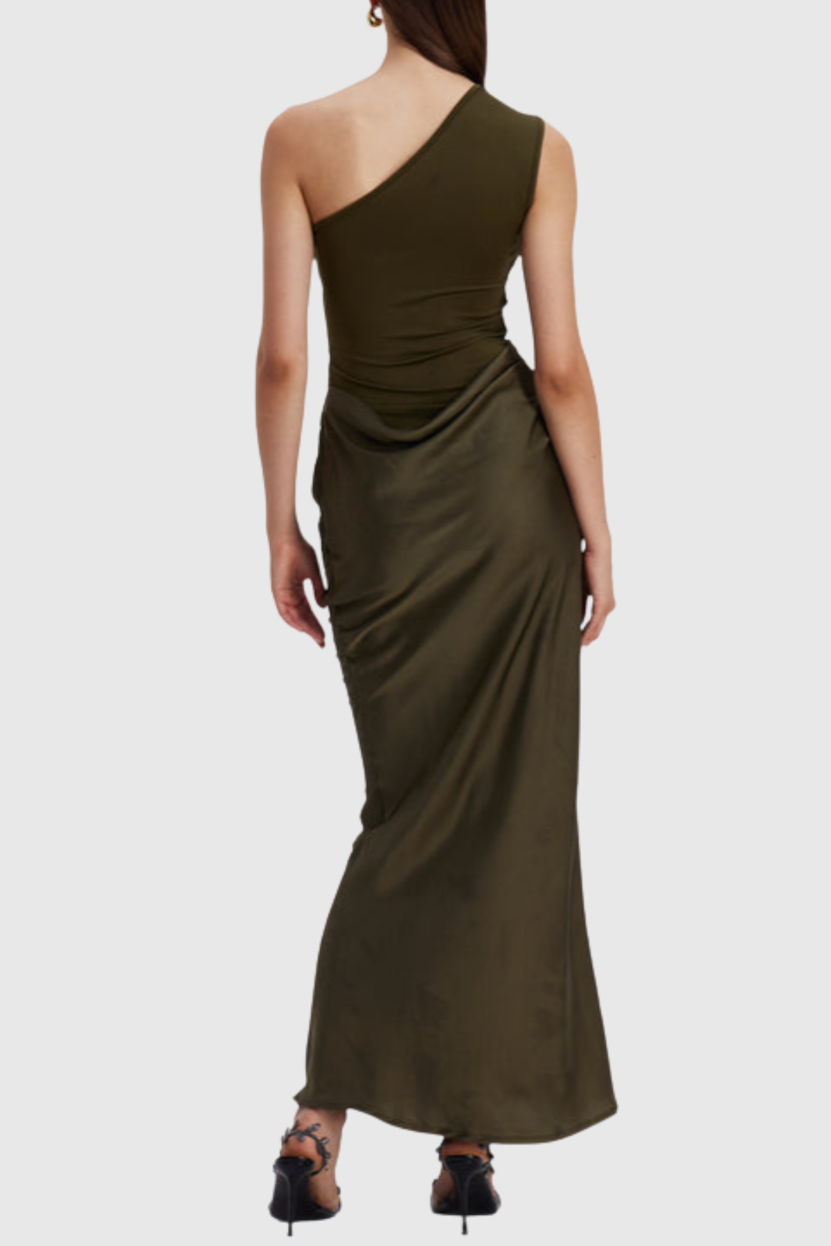 Bertala One Shoulder Satin Ruched Maxi Dress - Green