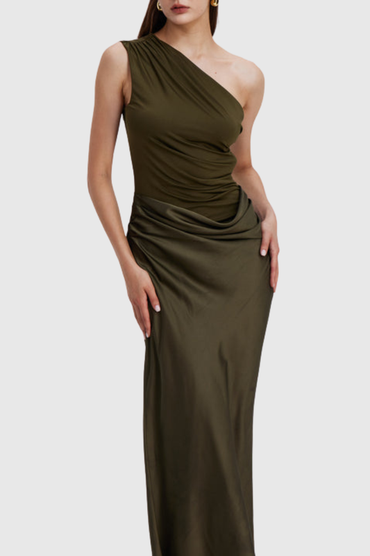Bertala One Shoulder Satin Ruched Maxi Dress - Green