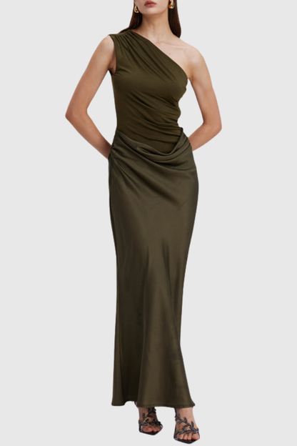 Bertala One Shoulder Satin Ruched Maxi Dress - Green