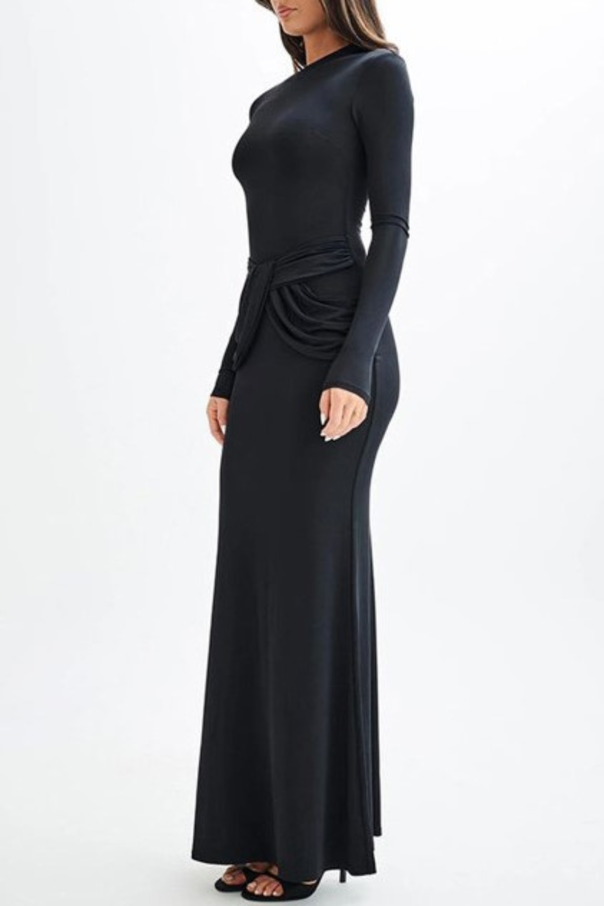 Betona Ruched Long Sleeve Maxi Dress - Black