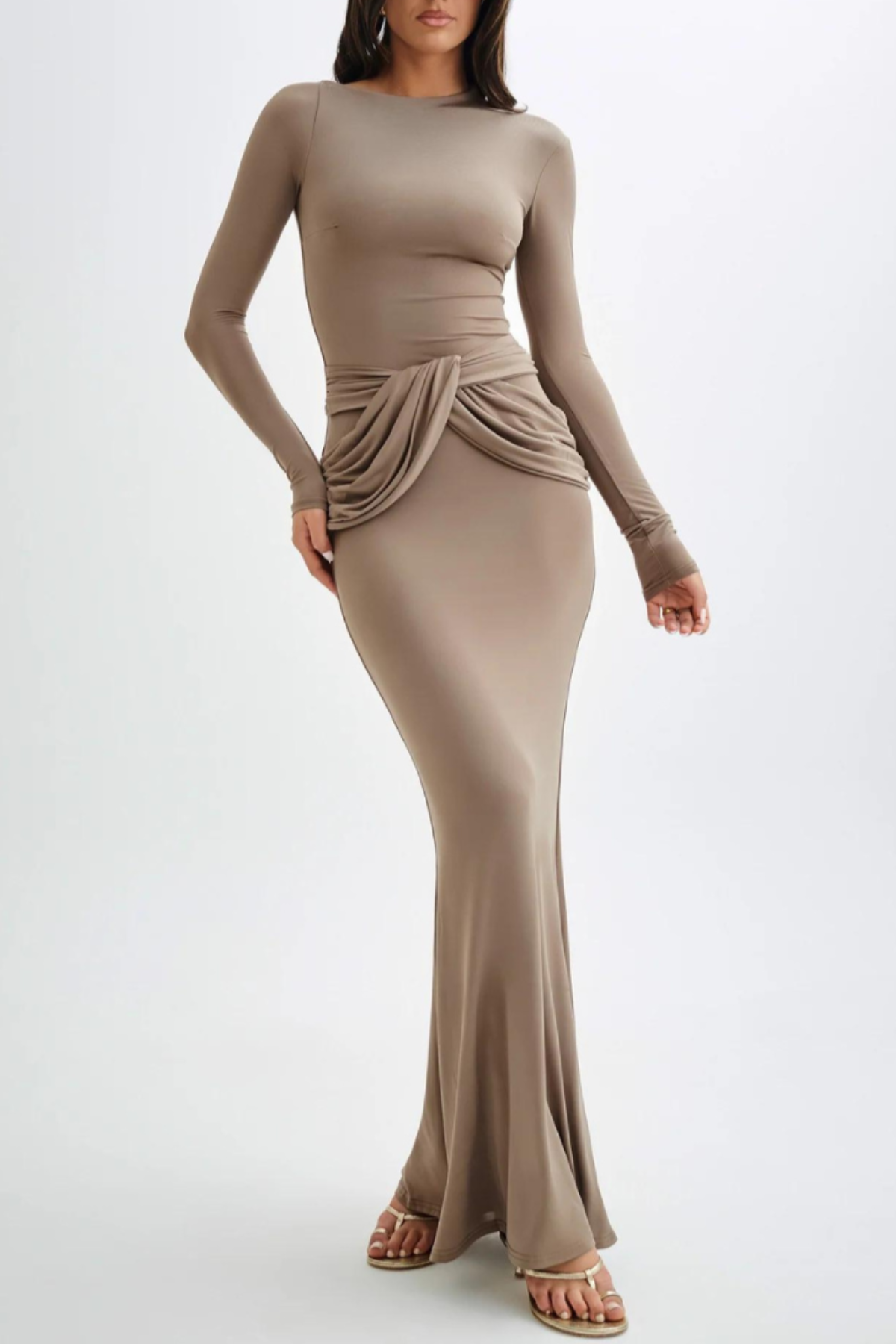 Betona Ruched Long Sleeve Maxi Dress - Khaki