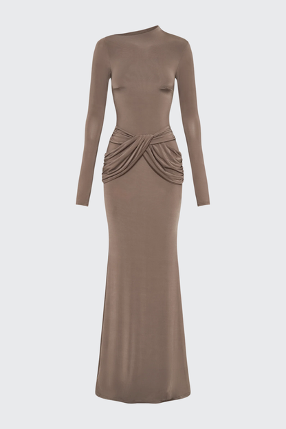 Betona Ruched Long Sleeve Maxi Dress - Khaki