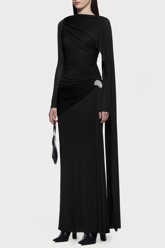 Betsey Asymmetrical Flap Ruched Maxi Dress - Black