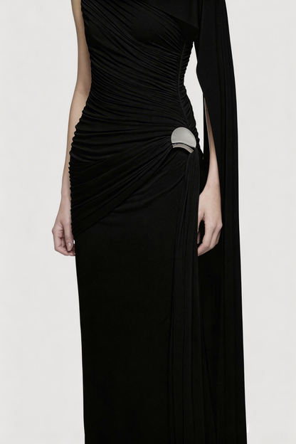 Betsey One Shoulder Asymmetrical Flap Ruched Maxi Dress - Black