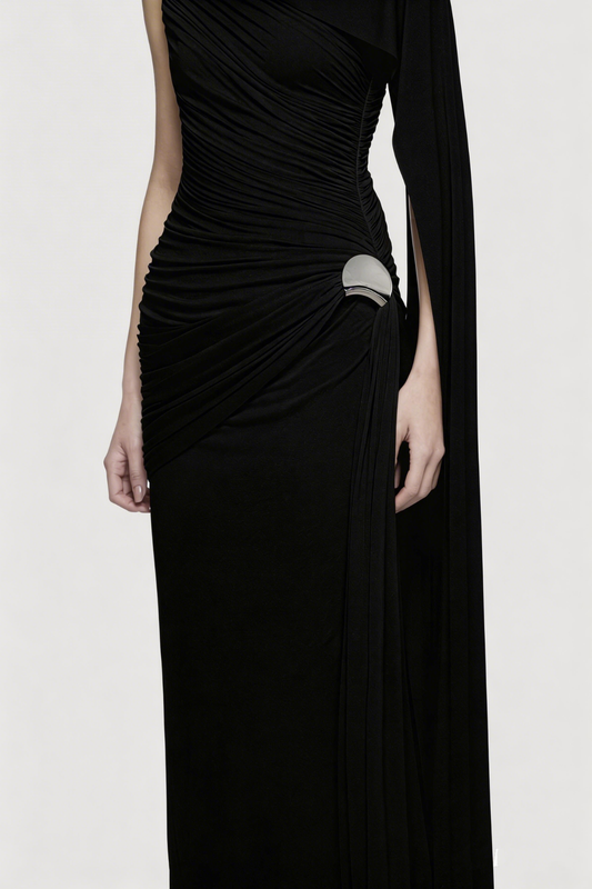 Betsey One Shoulder Asymmetrical Flap Ruched Maxi Dress - Black