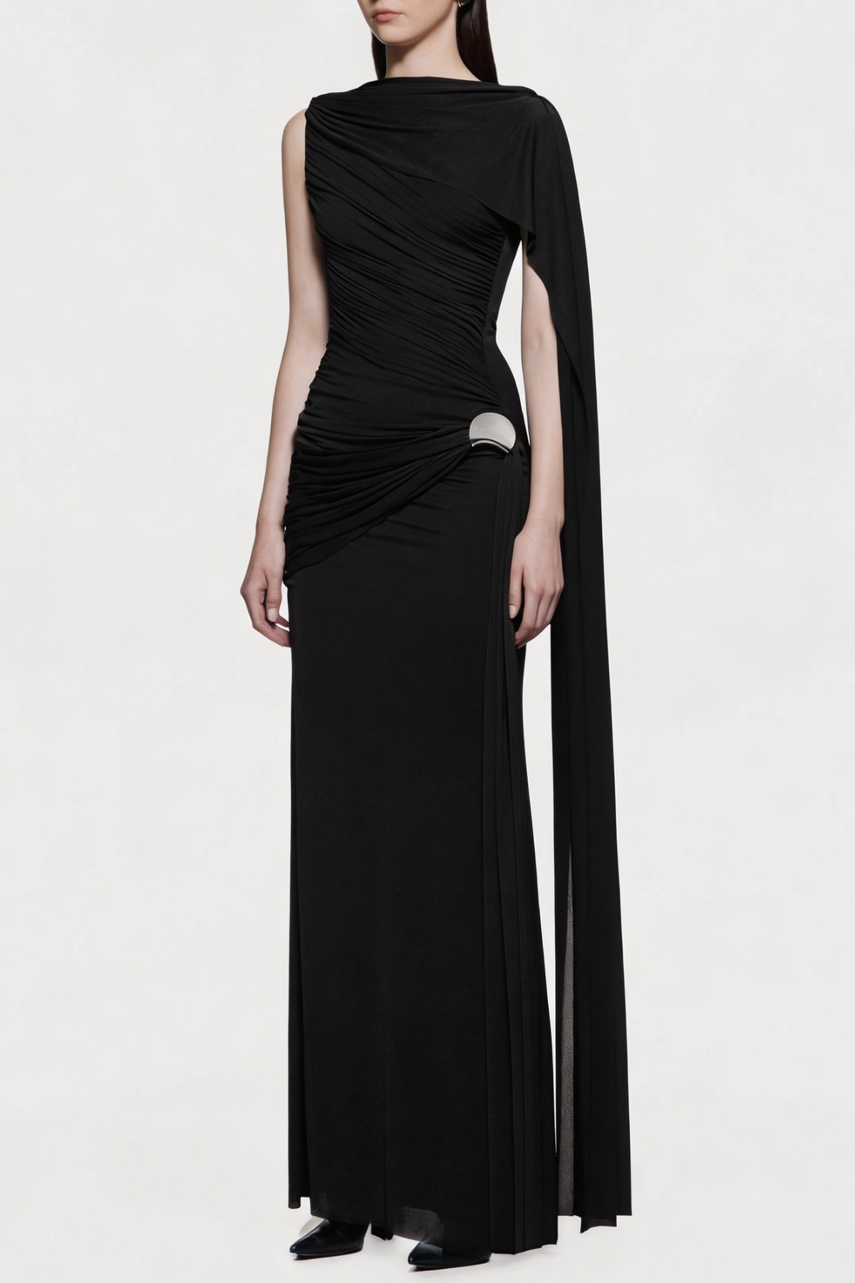 Betsey One Shoulder Asymmetrical Flap Ruched Maxi Dress - Black