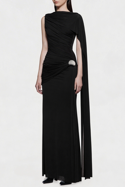 Betsey One Shoulder Asymmetrical Flap Ruched Maxi Dress - Black
