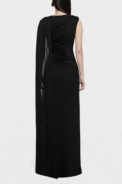 Betsey One Shoulder Asymmetrical Flap Ruched Maxi Dress - Black