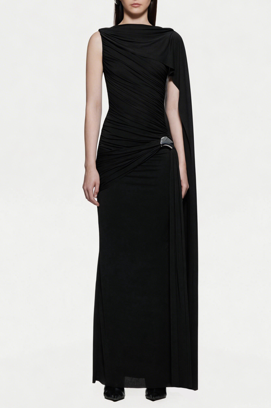 Betsey One Shoulder Asymmetrical Flap Ruched Maxi Dress - Black