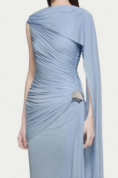 Betsey One Shoulder Asymmetrical Flap Ruched Maxi Dress - Blue