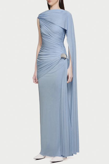 Betsey One Shoulder Asymmetrical Flap Ruched Maxi Dress - Blue