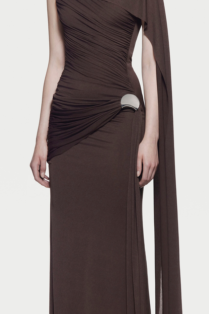 Betsey One Shoulder Asymmetrical Flap Ruched Maxi Dress - Brown