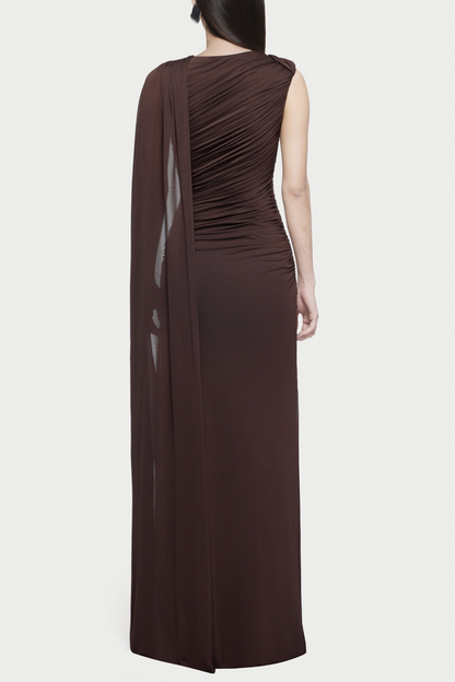 Betsey One Shoulder Asymmetrical Flap Ruched Maxi Dress - Brown