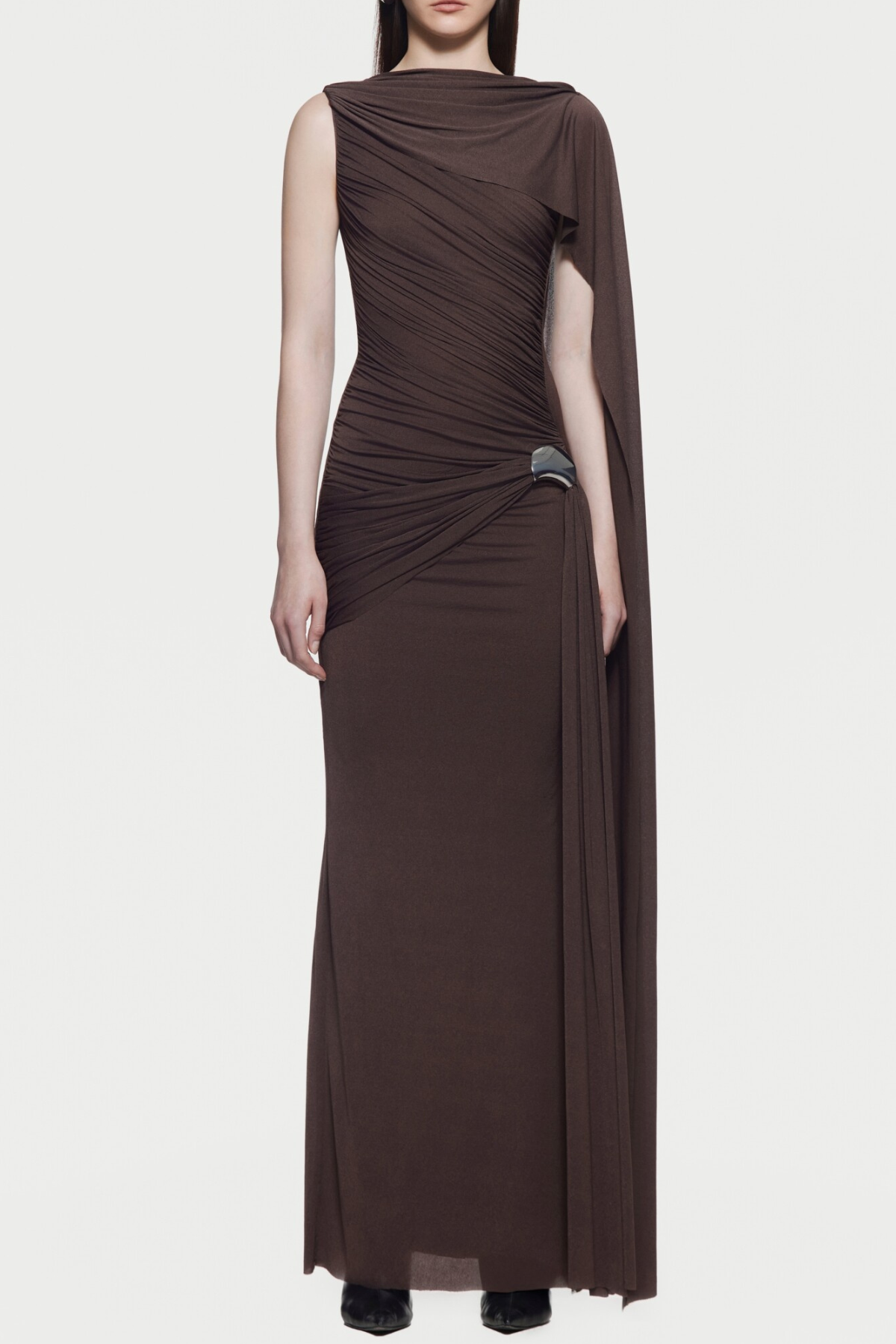 Betsey One Shoulder Asymmetrical Flap Ruched Maxi Dress - Brown