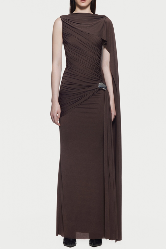 Betsey One Shoulder Asymmetrical Flap Ruched Maxi Dress - Brown