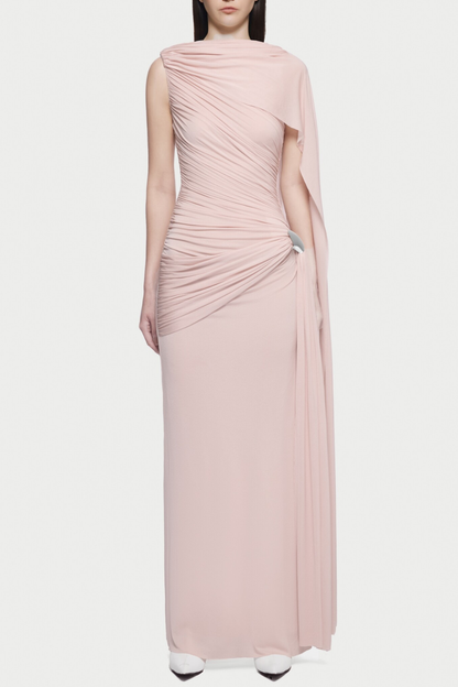 Betsey One Shoulder Asymmetrical Flap Ruched Maxi Dress - Pink