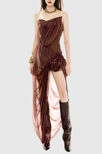 Beverly Floral Strapless Draped Midi Dress - Brown