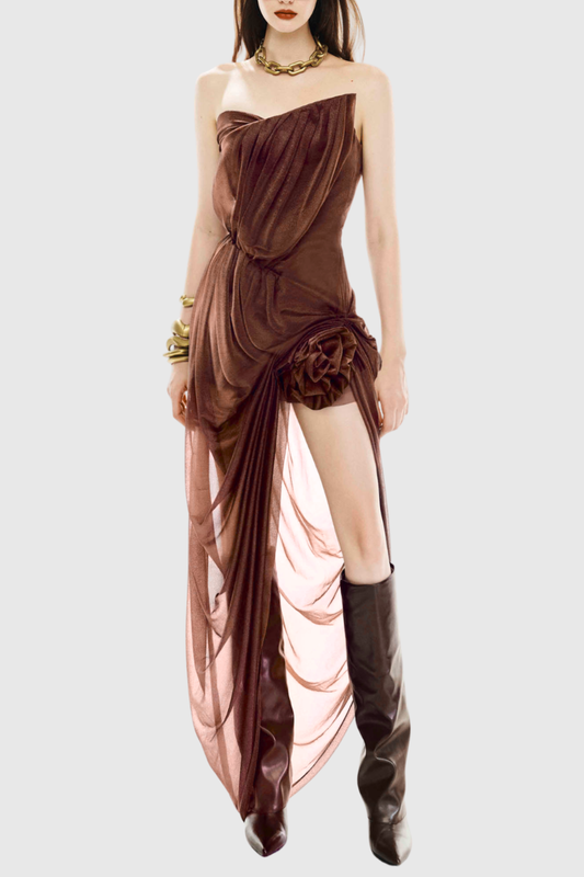 Beverly Floral Strapless Draped Midi Dress - Brown