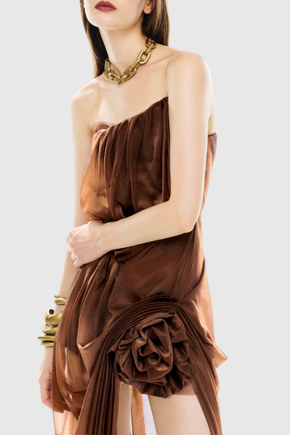 Beverly Floral Strapless Draped Midi Dress - Brown