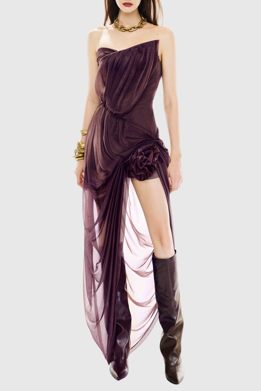 Beverly Floral Strapless Draped Midi Dress - Purple