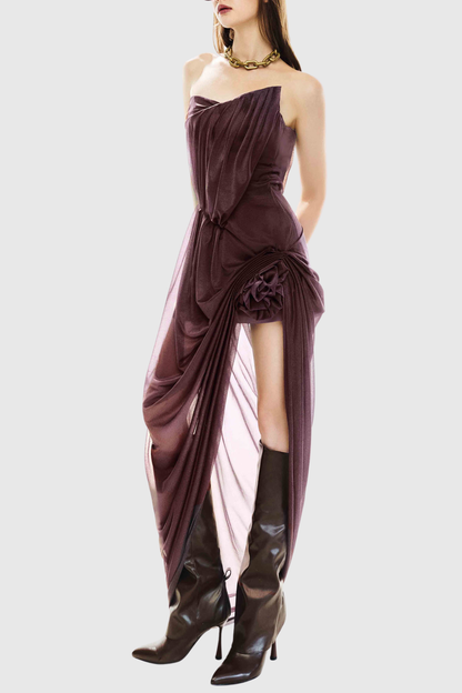 Beverly Floral Strapless Draped Midi Dress - Purple