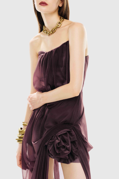 Beverly Floral Strapless Draped Midi Dress - Purple