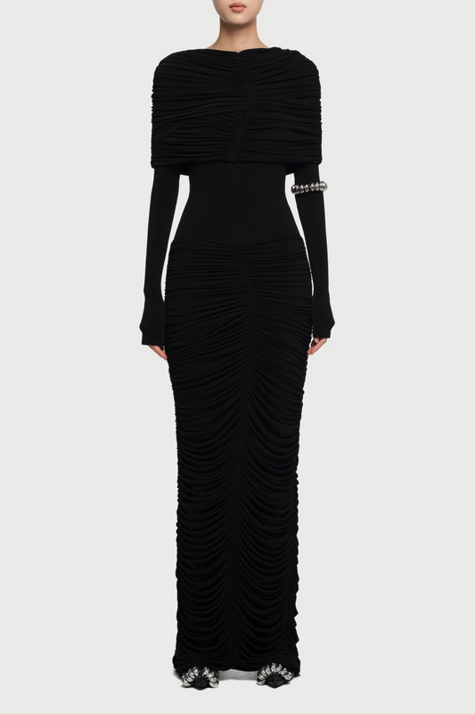 Birdya Symmetrical Draped Shoulder Maxi Dress - Black