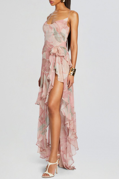 Bjorna Floral Print Ruffle Chiffon Maxi Dress