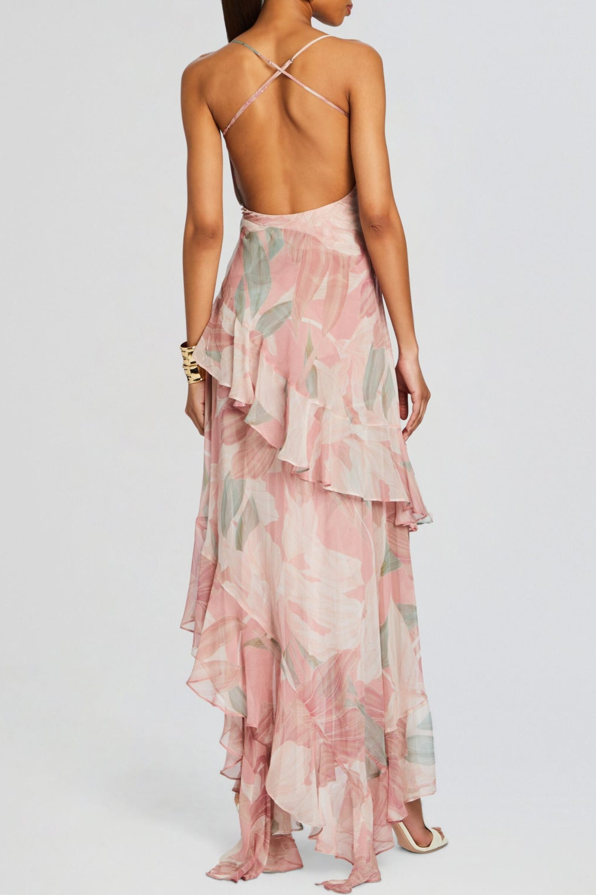 Bjorna Floral Print Ruffle Chiffon Maxi Dress