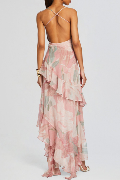 Bjorna Floral Print Ruffle Chiffon Maxi Dress