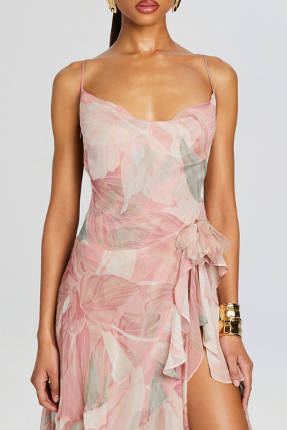 Bjorna Floral Print Ruffle Chiffon Maxi Dress