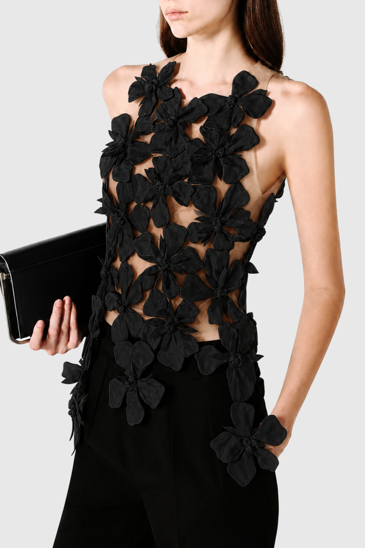 Boafo Floral Appliqué Mesh Top - Black