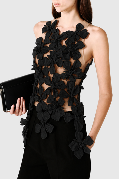 Boafo Floral Appliqué Mesh Top - Black