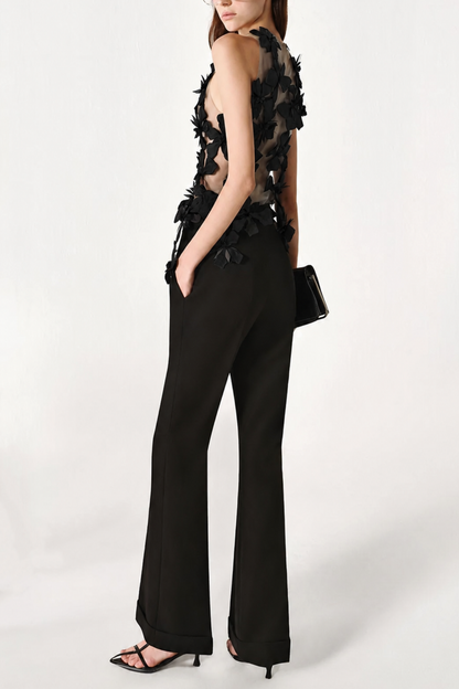 Boafo Floral Appliqué Mesh Top - Black