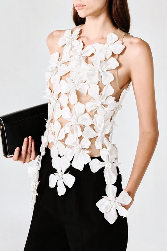 Boafo Floral Appliqué Mesh Top - White