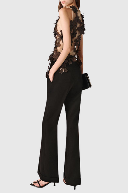 Boafo Floral Appliqué Mesh Top - Brown