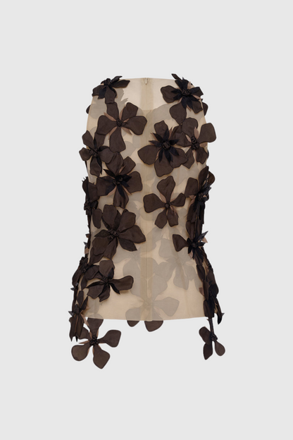 Boafo Floral Appliqué Mesh Top - Brown