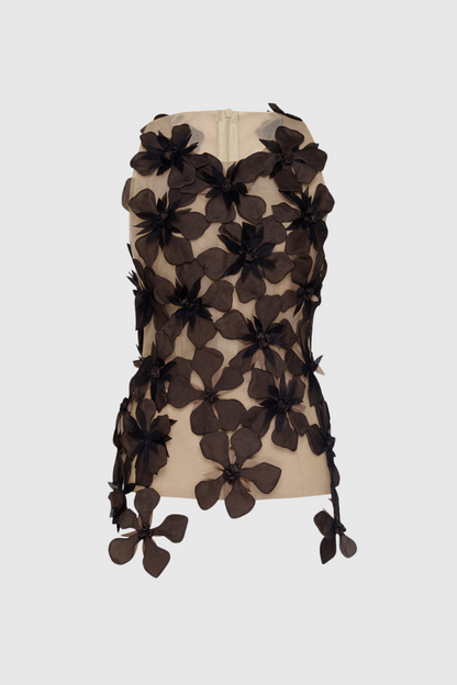 Boafo Floral Appliqué Mesh Top - Brown