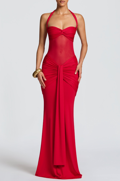 Bonao Halter Ruched Maxi Dress - Red