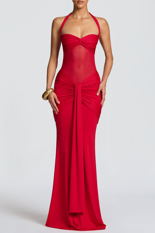 Bonao Halter Ruched Maxi Dress - Red