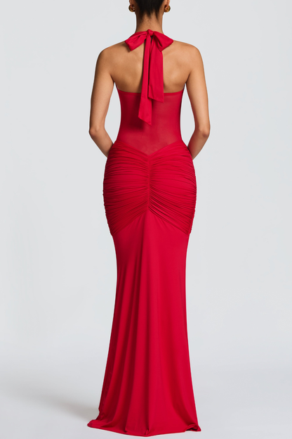 Bonao Halter Ruched Maxi Dress - Red
