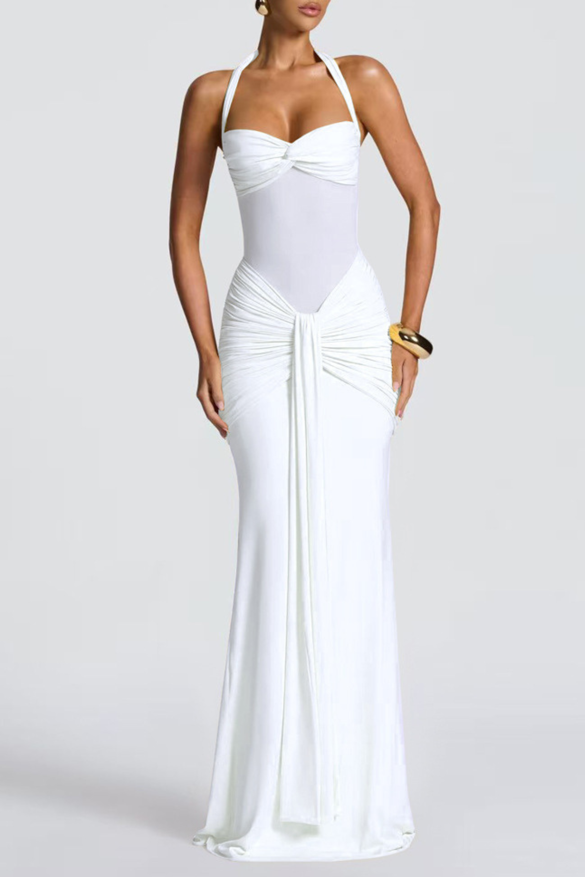 Bonao Halter Ruched Maxi Dress - White