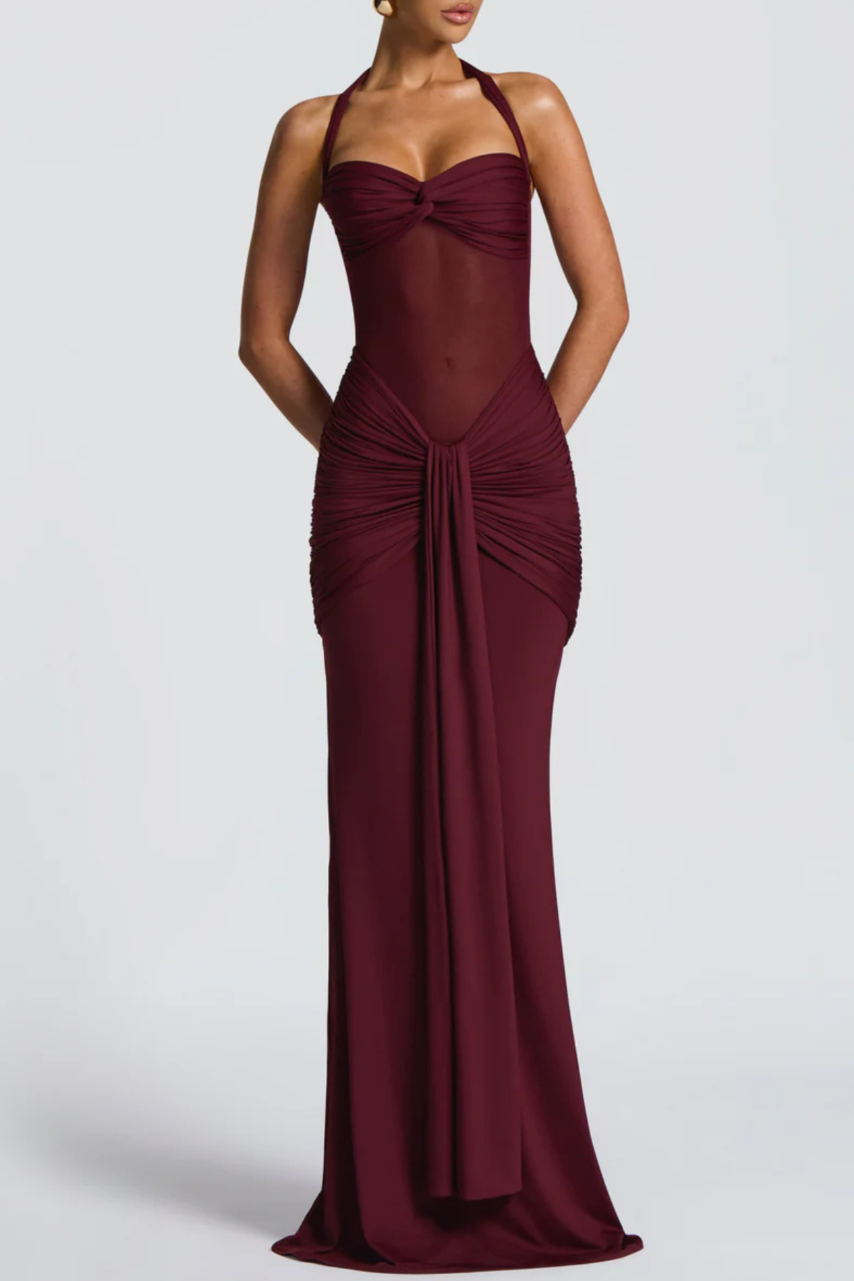 Bonao Halter Ruched Maxi Dress - Wine